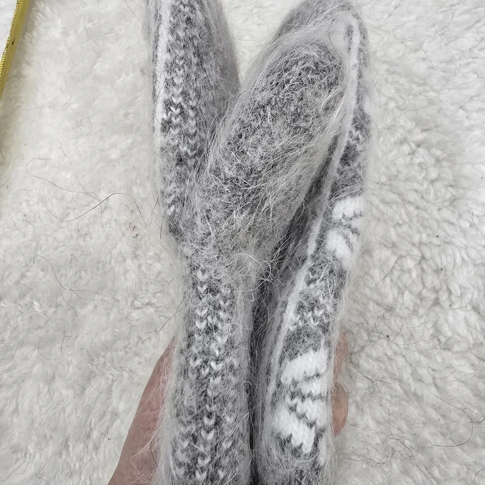 Handmade Goat Down Mittens Grey White Nordic Pattern Warm Winter Gloves One Size